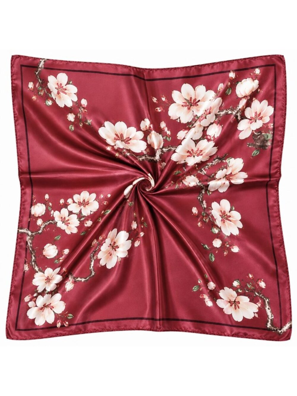 Burgundy Magnolia Satin Scarf 35x35 Square Floral Hair Head Neck Scarf Women